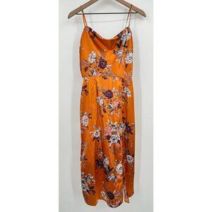 Shein Floral Print Draped Collar Silt Thigh Satin Cami Dress Women Small Orange